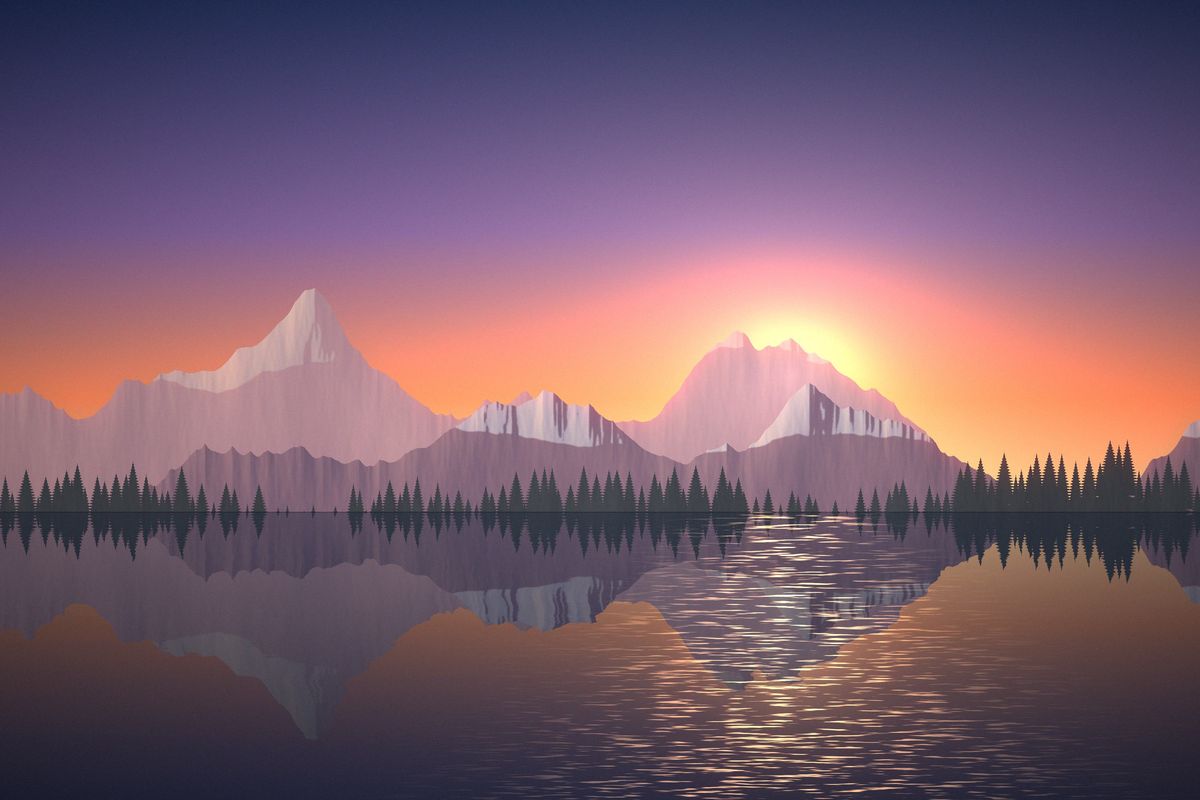 A mountain lake at sunset, snowy peaks reflected in the water